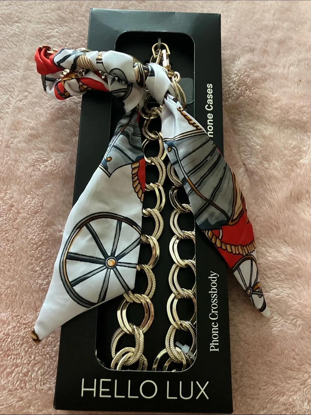 Gold Chain Phone Crossbody with Decorative Scarf - White/Red